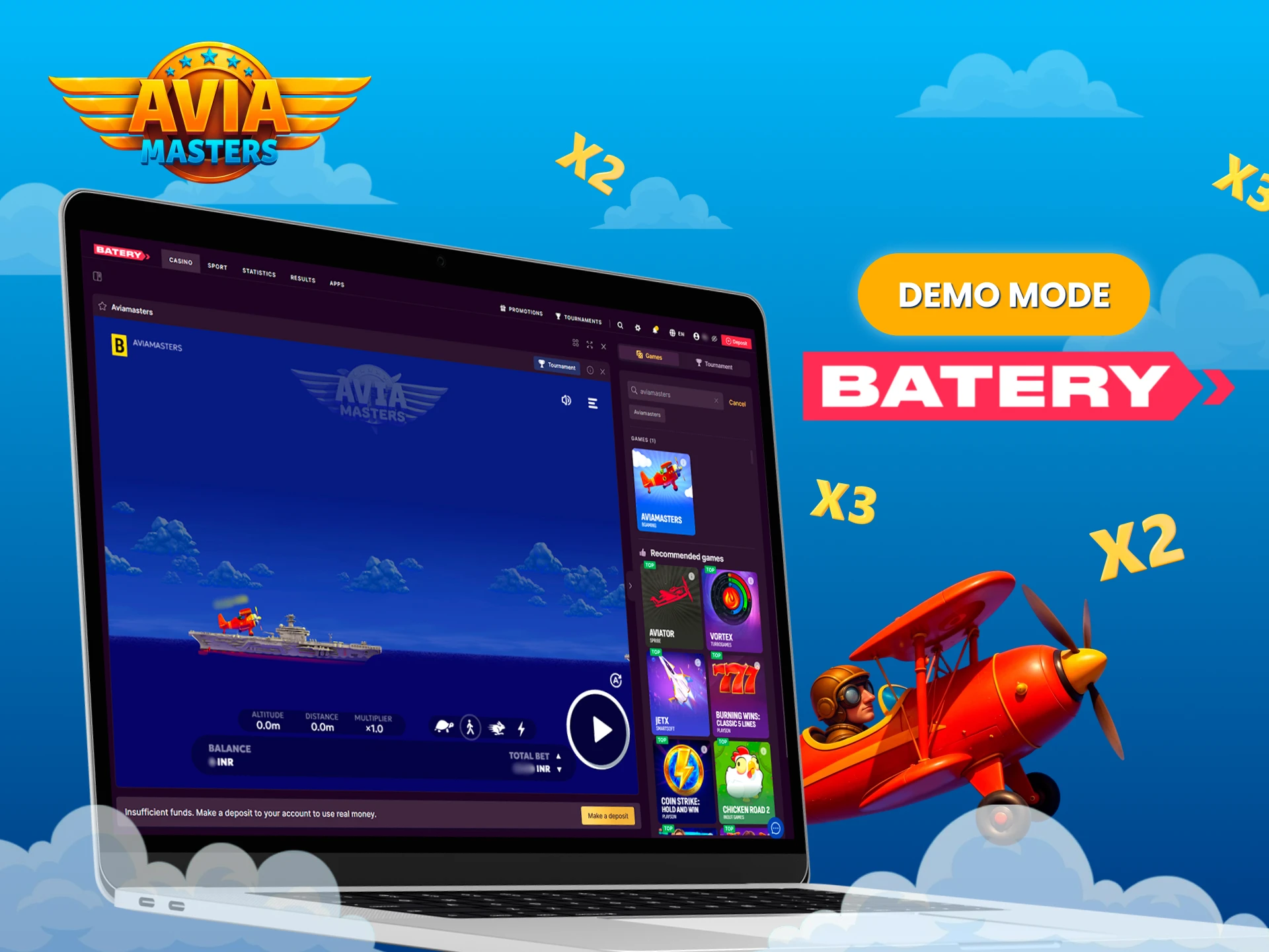 Try the Aviamasters game by creating a demo account on Batery.