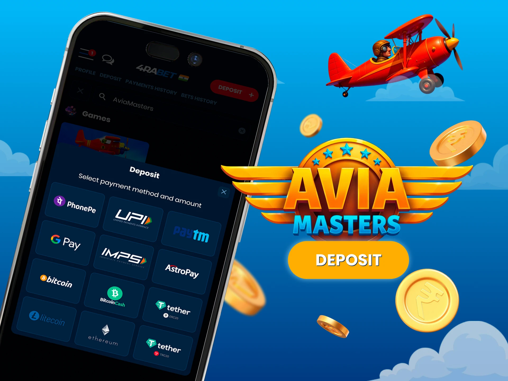 Step-by-step instructions for making a deposit in the Aviamasters game.