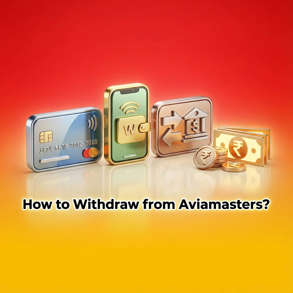 Illustrated guide showing KYC, wallet, withdrawal options, amount entry, and confirmation steps to withdraw Aviamasters winnings