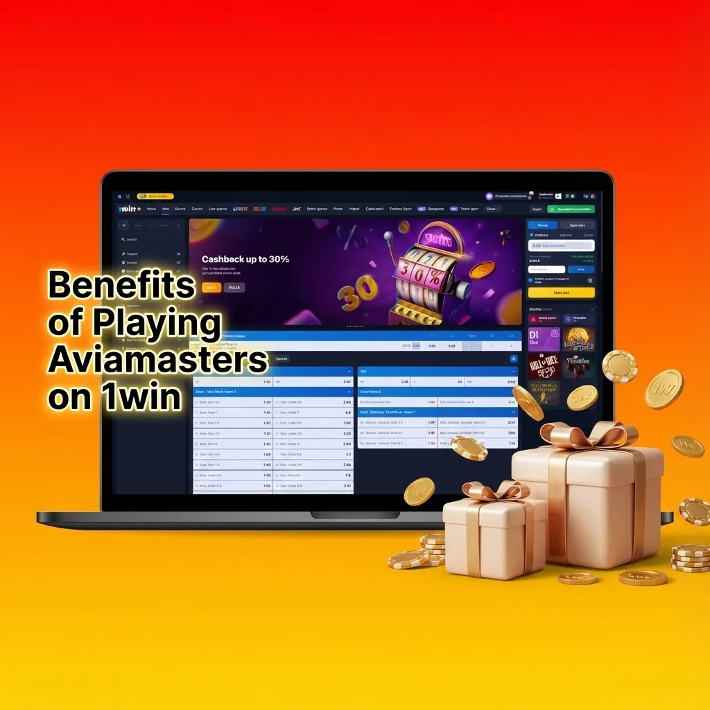Infographic titled “Benefits of Playing Aviamasters on 1win,” listing high RTP, auto tools, two bets, stats, and instant play.