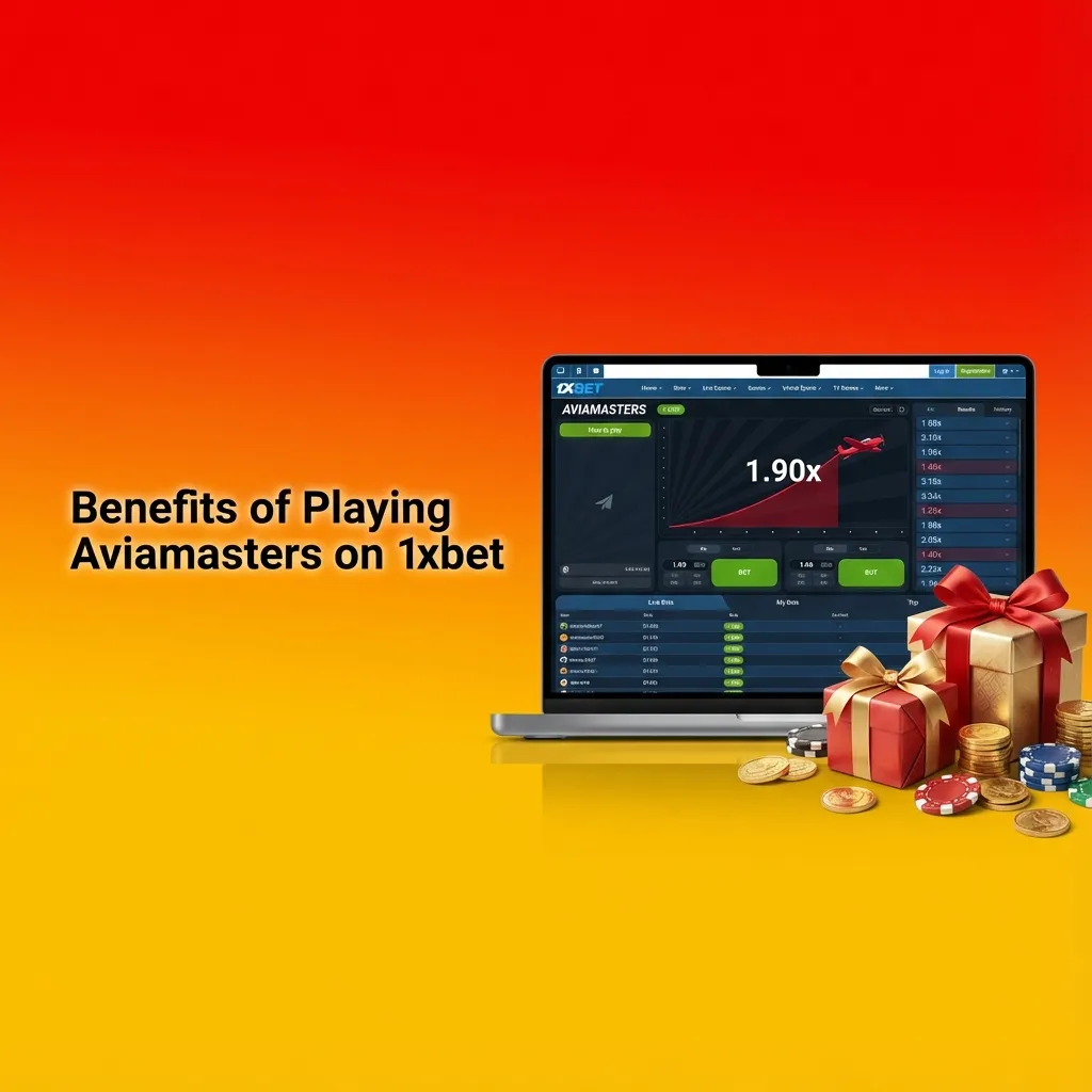 Infographic titled “Benefits of Playing Aviamasters on 1xbet” listing RTP, instant cashout, live stats, rupee support, 24/7 chat