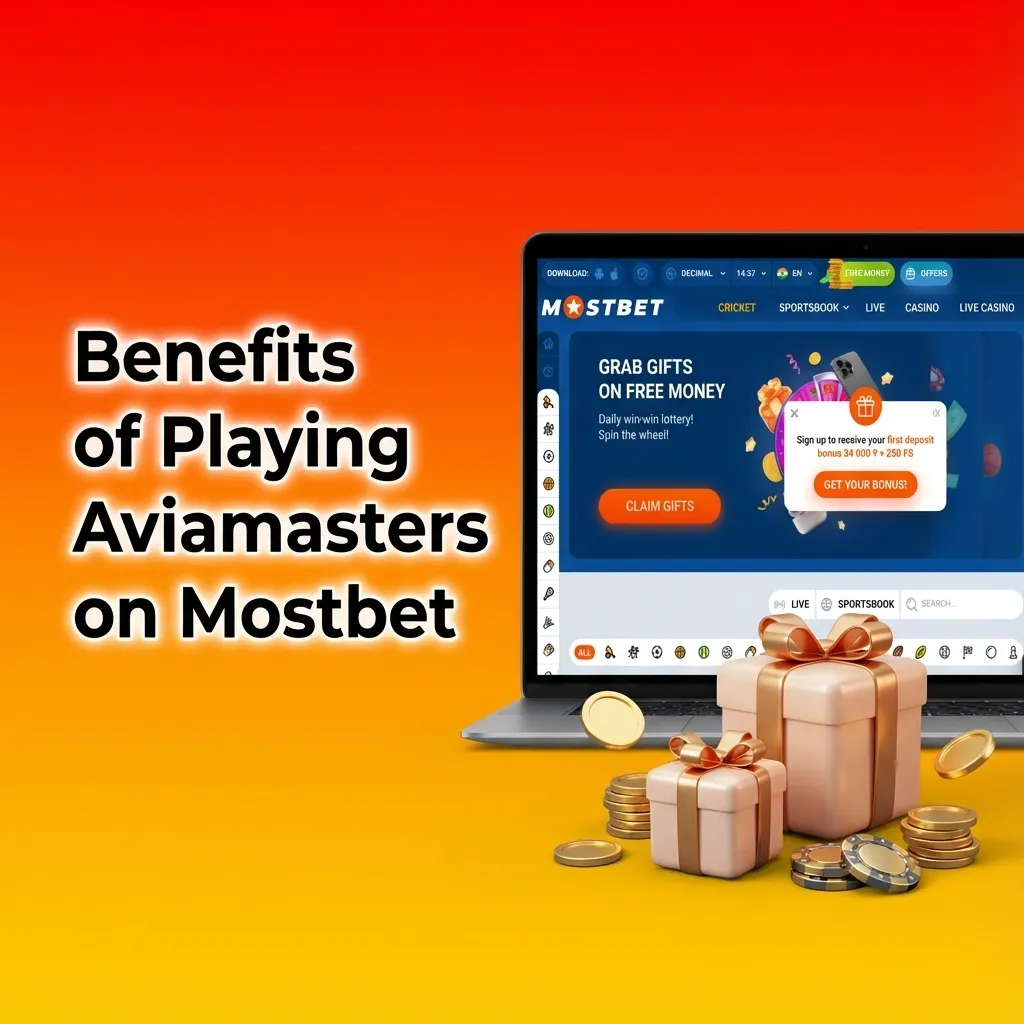 Infographic titled “Benefits of Playing Aviamasters on Mostbet” listing high RTP, cashout control, low bets, and fast Indian payments