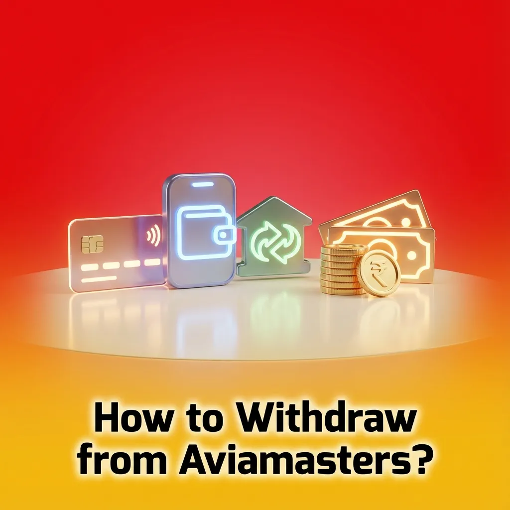 Illustrated guide showing Aviamasters withdrawal steps: KYC verification, cashier, method selection, amount entry, and confirmation.