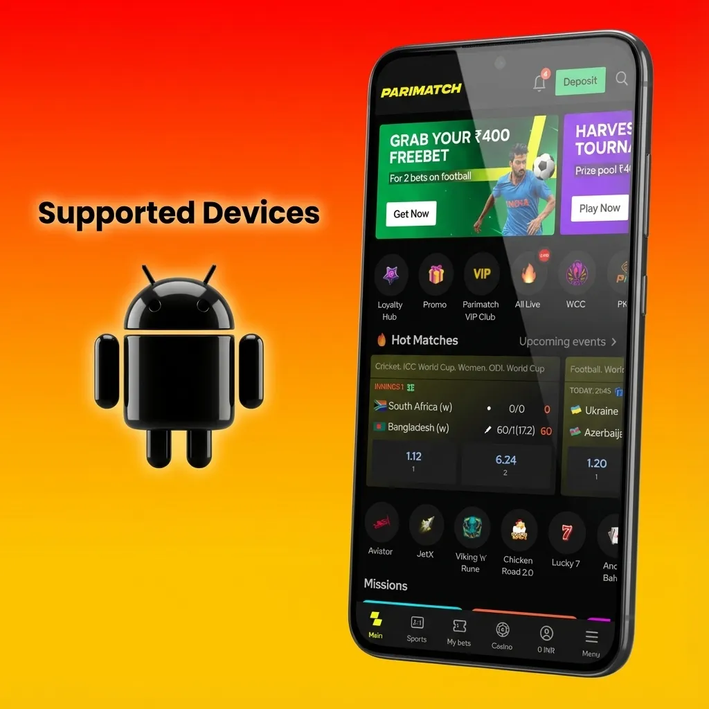 Grid of 10 Android phones labeled as example devices that run Aviamasters Parimatch Tier 2 smoothly