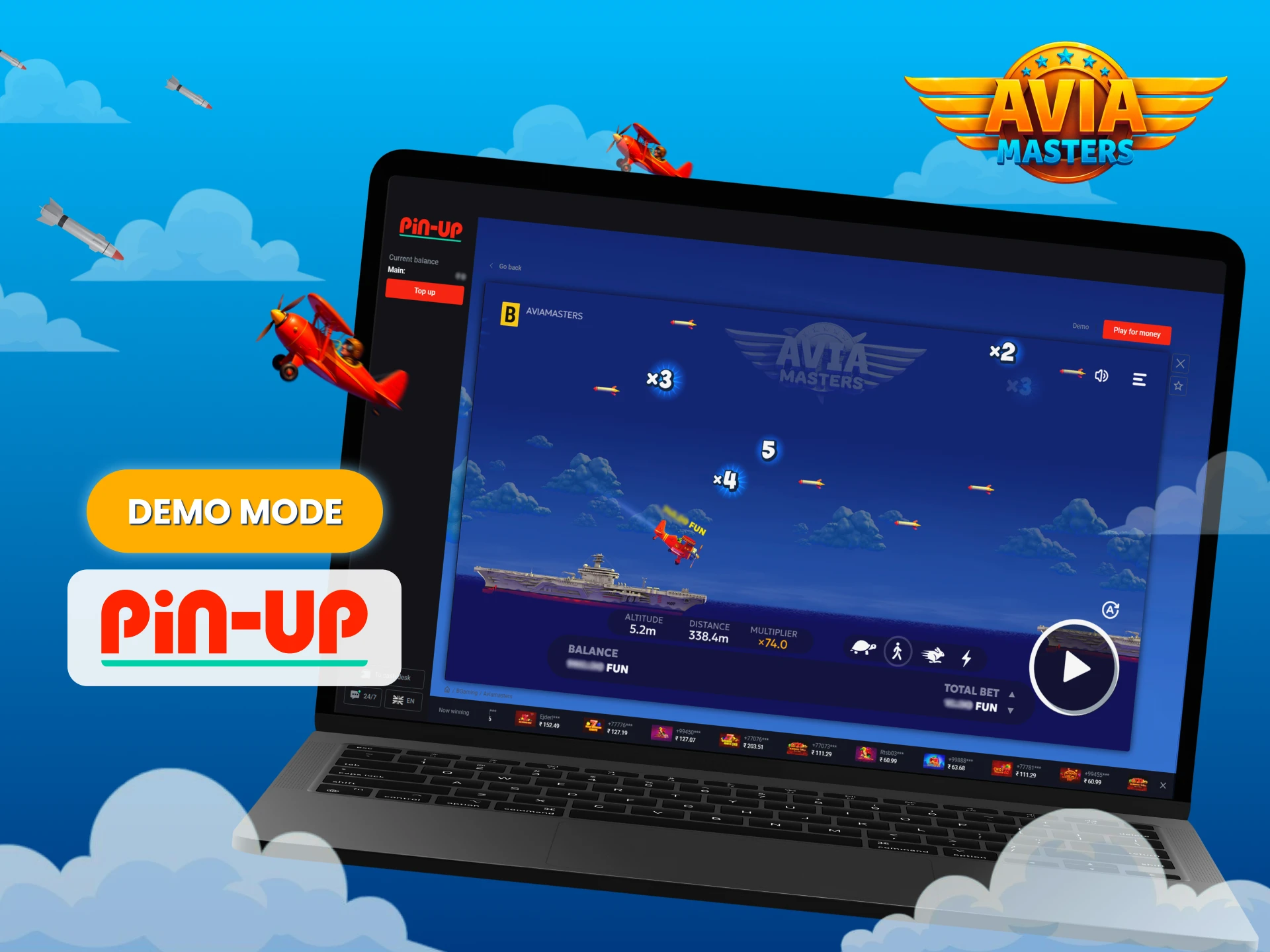 A demo account with a Pin-Up for easy and safe learning of the rules of the Aviamasters game.